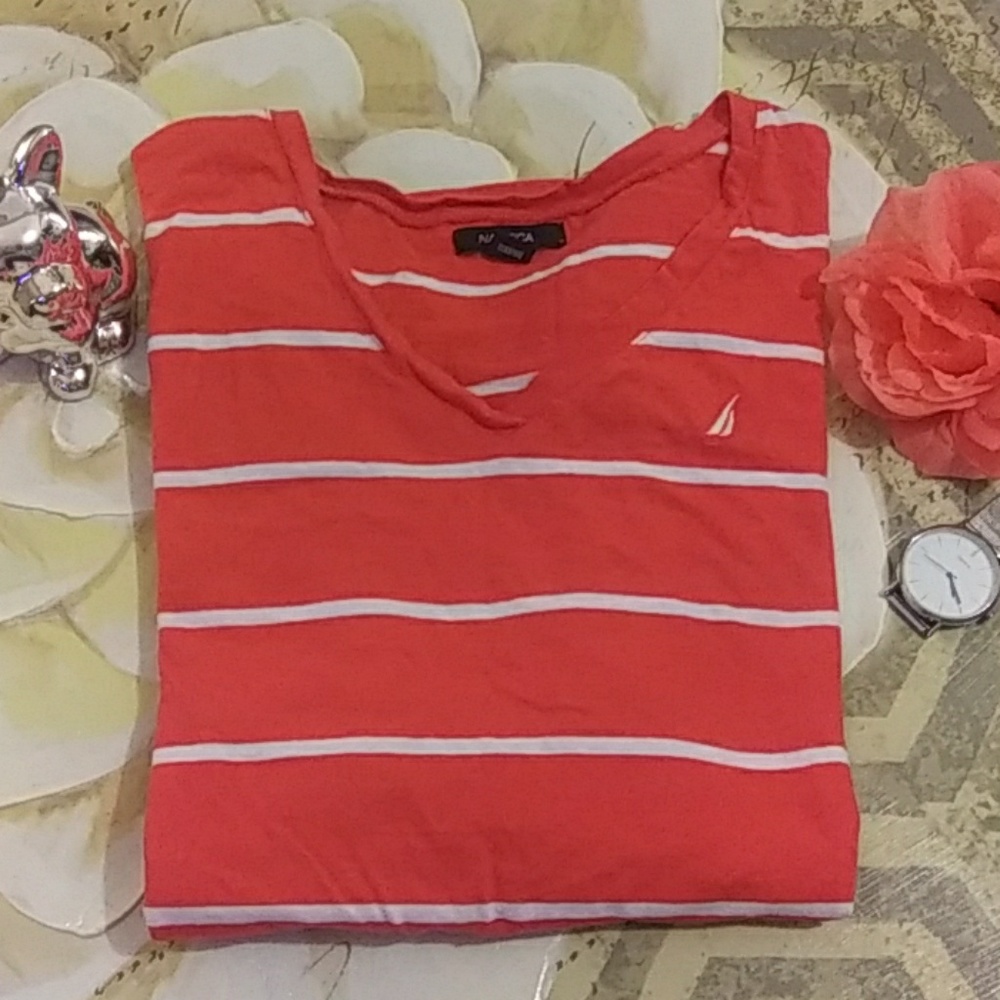 Nautica Med vneck Coral Stripe 3/4 Sleeve blouse